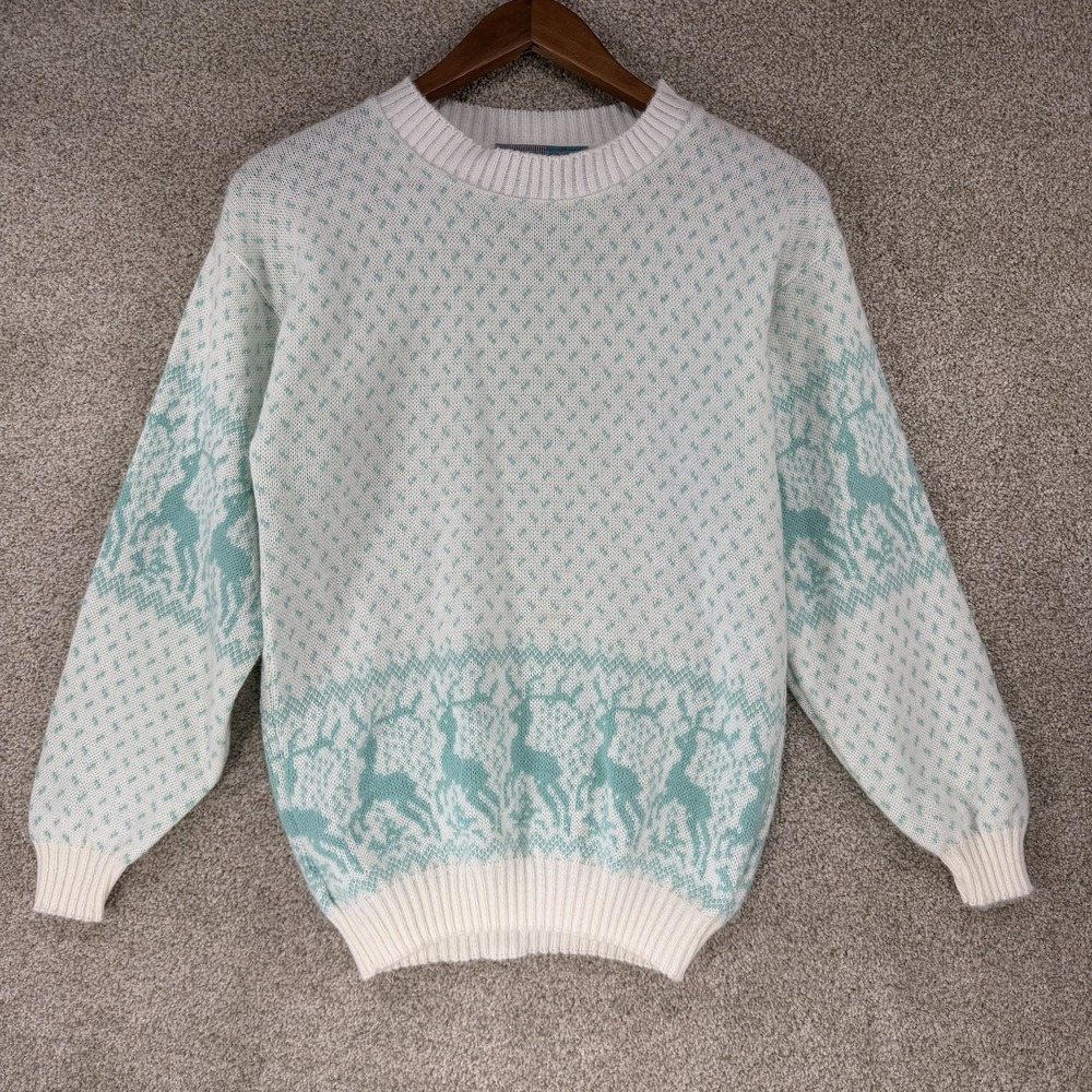VTG 80s Pinwheels Christmas Deer Sweater Fair Isle *stains* Sz S‎ Cottagecore